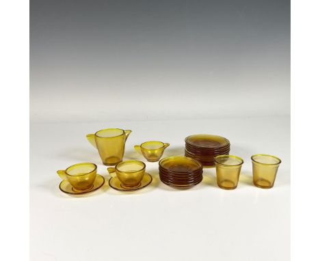 Yellow glass miniature drinkware set includes a pot, a creamer, two teacups and nine saucers, two tumblers, eight plain plate