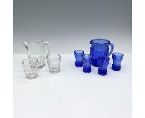 Sets include royal blue water pitcher plus 4 glasses and clear glass pitcher plus 2 glasses. Unmarked. Blue item set has its 