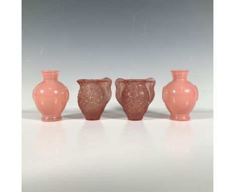 A set of 4 pink items, including two identical soft pink vases with ring handles on their sides, along with a pair of clear g