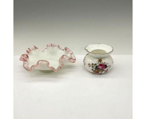 Fenton Rose Crest series with handkerchief design on rim in pink glass and white milk glass bottom measuring 2.5"H x 6"dia. T