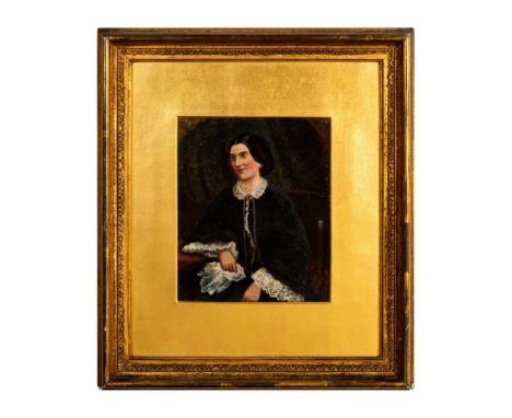 Oil on wood painting depicting a portrait of a Victorian-era woman with a rueful smirk and direct stare. She is wearing cloth