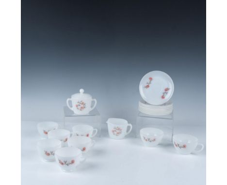 Lot includes creamer, lidded sugar bowl, 6 teacups, 2 coffee cups and 8 saucers. Fire King raised mark. Largest piece 5"L x 3