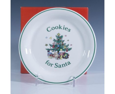 A white ironstone plates features a classically decorated tree design of Cookies for Santa and is safe for use in the microwa