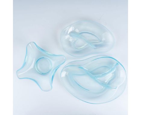 Lovely collection of art glass dishes that consists of a crimpled edge bowl, a double divided tray, and a triple divided tray