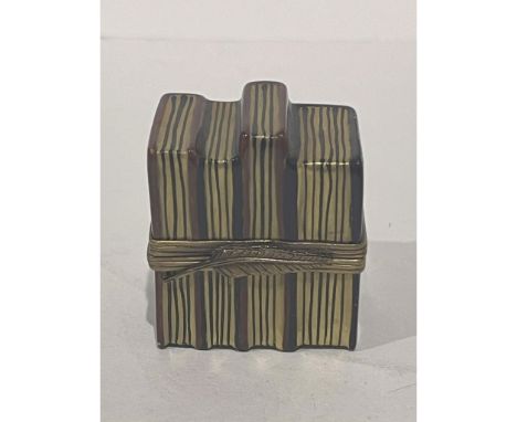 24k gold accented Hand painted collection of law books facing out on a shelf porcelain mini box. Skillfully realistic. Gilded