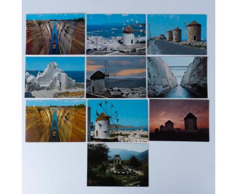 A stunning collection of ten postcards captures the breathtaking beauty of Greece, featuring its azure ocean beaches, charmin