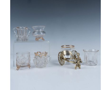 A stunning set of clear gilded toothpick holders featuring a round footed piece, a small round holder, a tyg, a charming lovi