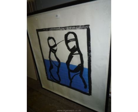 A large black framed Print of two figures in blue and black ink, signed K. Blardy, dated 1999.