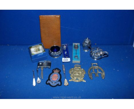 A quantity of miscellanea including pewter box, lighter shaped as camera, continental silver caddy spoon, etc.