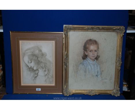 An ornate framed charcoal Drawing of a young girl signed lower right along with a Print portrait of a young lady.