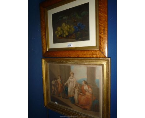 A framed Watercolour - a still life depicting a basket of grapes, unsigned, 10'' x 7 1/2'' together with a gilt frame print o