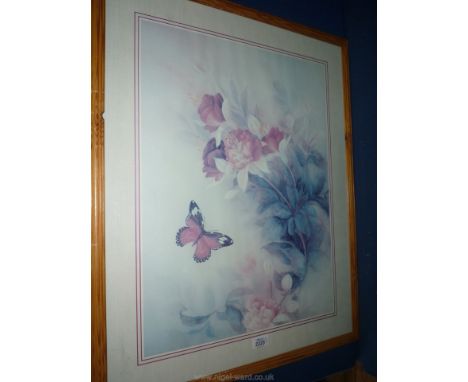 A large Coulson Print depicting horses, a coloured charcoal drawing of two horses in a field and a framed Print of a butterfl