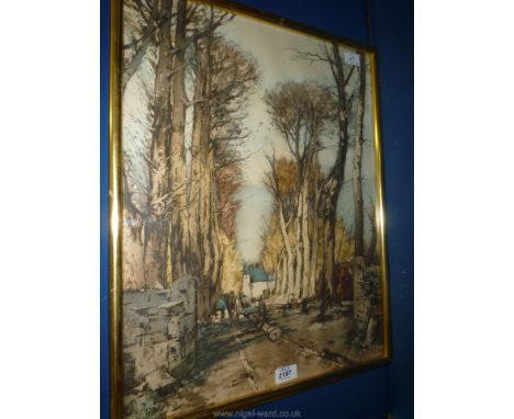 A gilt framed Print of a horse pulling a log along a lane in winter; 46 cm x 58 cm.