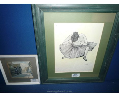 A framed ink/watercolour of a ballerina by L.M. Gray 1998, along with a small framed Watercolour of Friar Street in Worcester