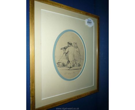 An early framed Ink sketch of a couple with dog, man playing violin with caption written below.