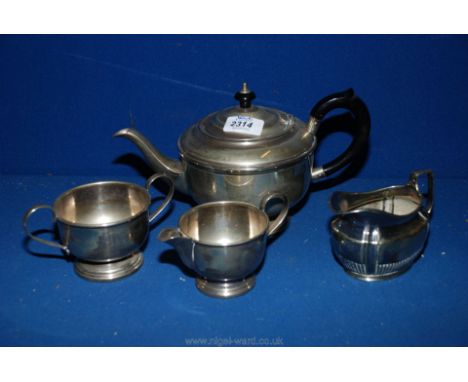 An Epns Teaset comprising a teapot with ebony handle, milk jug and sucrier and an Oswins epns Jug.