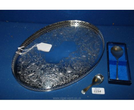 A good quality white metal Barker and Ellis oval galleried Tray 15" long plus a white metal caddy spoon stamped G. Ibberson &