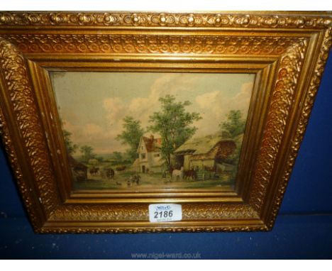 A small framed Print of a country landscape with figures, horses and carts, etc.