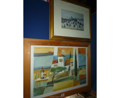 A framed continental landscape Print along with a Lowry print.