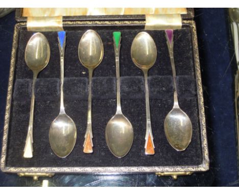 A set of silver and enamel detailed coffee spoons, Birmingham