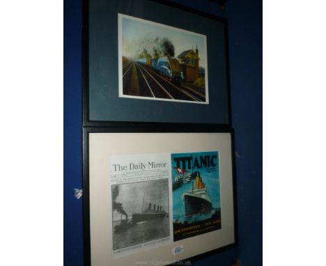 A framed train Print of the Mallard by Root 1992, along with a print of the Titanic.