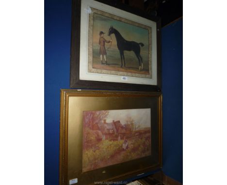 An old print of a horse victorious and a print of a country cottage by Ernest Wellbourne.