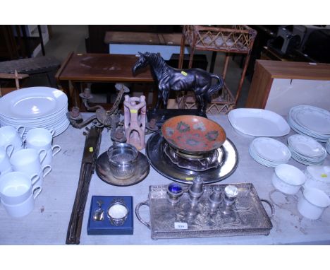 A brass tureen, Studio Pottery figure, five branch ceiling light, various silver plated trays, figure of a horse, music stand