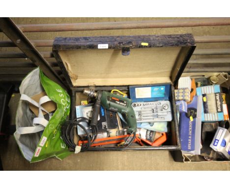 A wooden and metal bound storage trunk and contents of various tools to include cork gun; part socket set; 4' extractor fan; 