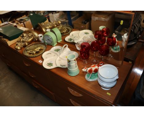 A Spode Christmas Tree hors d'oeuvres dish, an Art Deco style clock, wine glasses, Coalport vase, brass tray etc.