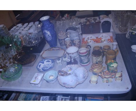 A Rhein blue and white vase; a German tankard; a pair of vases; a Majolica dragon decorated tobacco jar; a Parian ware Apostl