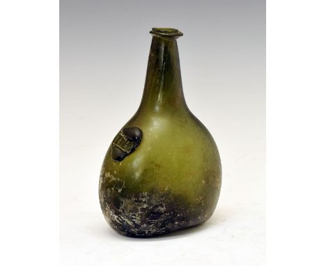 Early to mid 18th Century green glass seal bottle, probably East Midlands circa 1720-40, initialled TH within scalloped borde