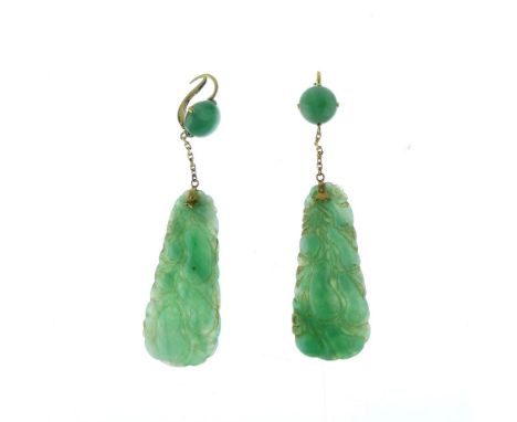 Pair of carved jade drop earrings, the tapering panels carved as fruit, on a chain suspension set with a jade cabochon to the