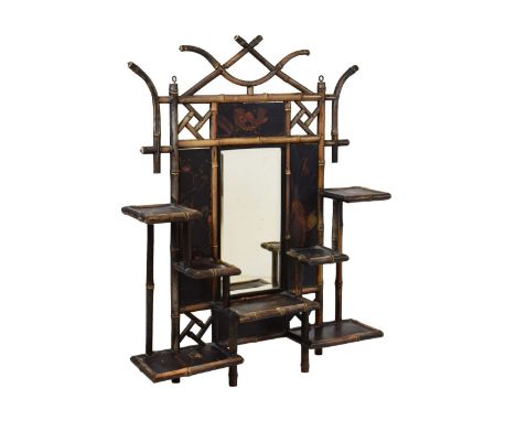 Late 19th Century black lacquered and bamboo wall mirror, with bevelled central rectangular mirror plate within lacquer panel