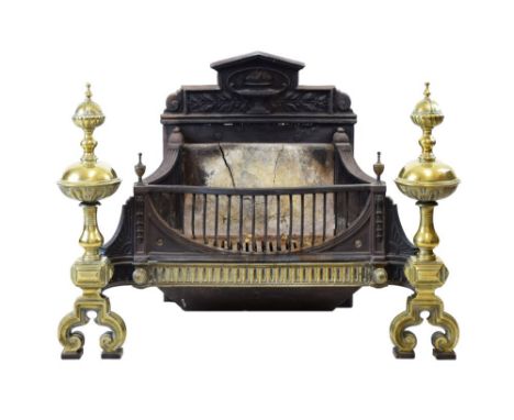 18th Century brass and iron fire-basket, the serpentine-fronted grate flanked by brass end standards with Coronet finials, in