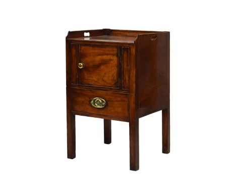 George III mahogany tray-top night cupboard, with three quarter gallery and pierced carry handles over cockbeaded cupboard an