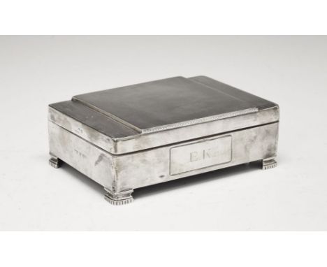 Edward VII Art Deco style silver cigar and cigarette box, with engine-turned stepped rectangular cover, enclosing wood-lined 