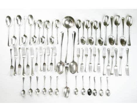 Part service of late Victorian Hanoverian pattern flatware, to include; rat-tailed punch ladle, matching pair of basting spoo