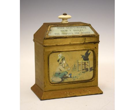 19th Century T. Godley tin plate tea caddy with ceramic finial with central decorative glazed panel, panel to lid reads 'With