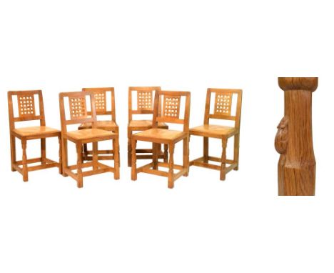 Workshop of Robert Thompson of Kilburn North Yorkshire - Set of six 'Mouseman' golden oak dining chairs, circa 1960's, each h