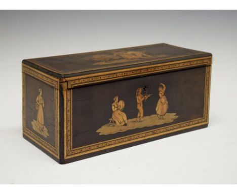 Late 19th Century Italian Sorrento-ware olive wood and marquetry tea caddy, the hinged rectangular cover decorated with a cou