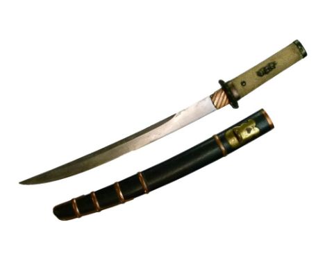 Japanese sword Wakizashi, lightly curved blade, 37cm, of robust form, possibly from a Yari, bronze habaki, small tsuba in the