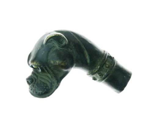 19th/early 20th Century cast walking stick or cane handle modelled as the head of a dog of Boxer type with green cabochon eye