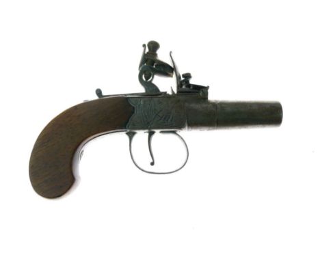 Flintlock box-lock pocket pistol, steel turn-off barrel 4cm, flat engraved frame, thumb-piece safety catch, flat-sided butt, 