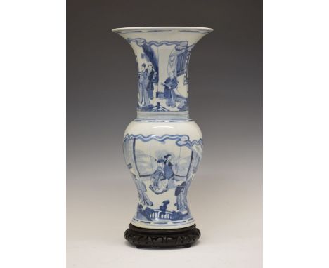 Chinese porcelain blue and white 'Yen-Yen' vase, the flared tall neck and balustroid body both decorated with panels of figur