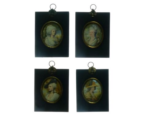 Matched set of four 19th Century portrait miniatures depicting; titled to reverse: Hon Miss Colville, Hon Mrs Lavington, Mrs 