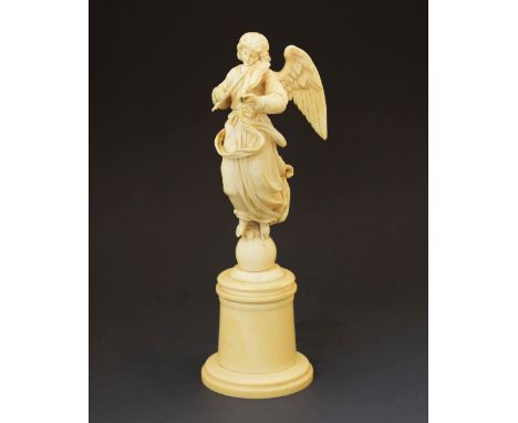 Good quality 19th Century carved ivory figure of an angel musician, probably Dieppe, the figure playing a violin and standing