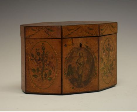 George III satinwood tea caddy, of hexagonal form, the hinged cover and front with printed figural vignettes, the sides with 