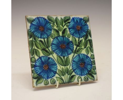 Late Victorian William de Morgan (Sands End, Fulham) 'Bedford Park Anemone' pattern hand-painted tile, in green, turquoise an