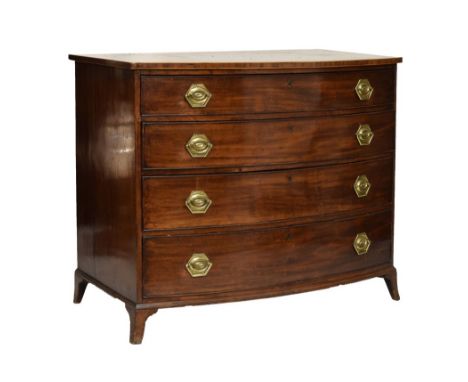 Early 19th Century inlaid mahogany bowfront chest, of four long drawers, with crossbanded and boxwood-strung top over graduat