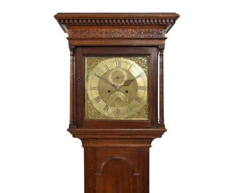 George III oak-cased eight-day brass dial longcase clock, Wilks, Wolverton, the 12-inch square brass dial with Roman hours an